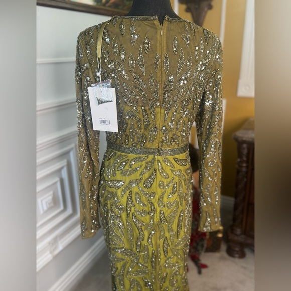 Green Beaded Long Sleeve Evening Gown - Picture 5 of 7